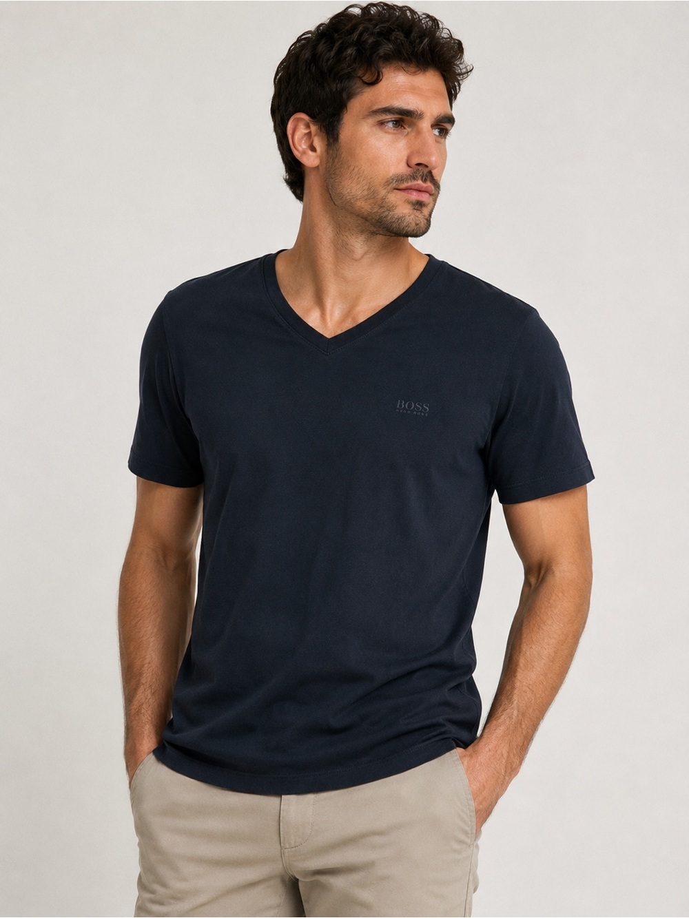 Hugo Boss Men's Dark Navy V-Neck Short Sleeve Tee Regular Fit Size S